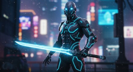 A futuristic cyborg warrior with glowing blue eyes, clad in sleek armor, wielding a plasma sword