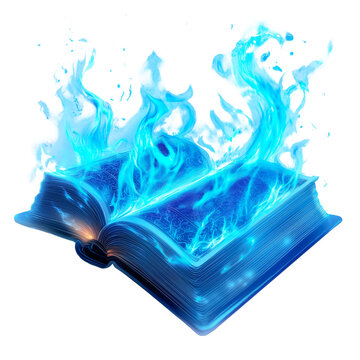 An open ancient book with glowing pages emitting vibrant blue flames, creating a magical and mystical aura, on a transparent background.