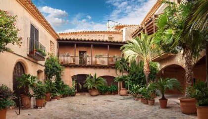 Fototapeta premium Generated image A traditional courtyard in Alcúdia with rustic decor and Mediterranean plants