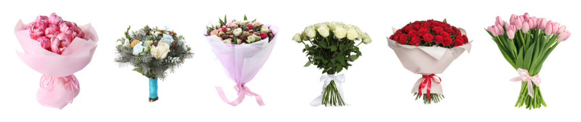 Different bouquets of beautiful flowers isolated on white, set
