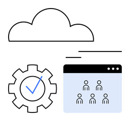 Cloud above gear with checkmark and browser window of team icons. Ideal for teamwork, cloud computing, workflow, system integration, collaboration, IT solutions, and abstract line flat metaphor