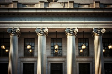 Obraz premium Federal Reserve Building Facade with Columns and Tree Branch. Symbolic of Banking, Bureaucracy, Capitalism, and Cash Borrowing