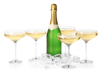 Champagne in glasses and bottle isolated on white. Sparkling wine