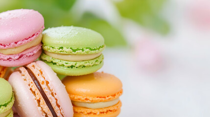 Fototapeta premium Colorful macarons on white background, spring scene