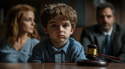 Obraz premium Sad boy sitting at a table in the background of his parents.