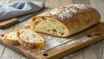 Freshly baked bread loaf with sliced pieces on wooden board