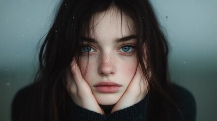 Close-up portrait of young woman with melancholic expression, holding her face, dark brown hair, soft lighting, dramatic and minimalistic style, isolated on neutral background

