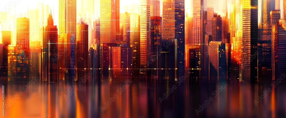Poster smart city and abstract dot points are connected by a gradient line and an intricate wave line desig