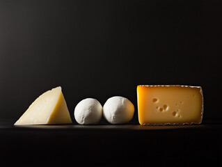Minimalistic and artistic cheese display with geometric balance. A sophisticated still life featuring premium cheese varieties arranged in a sleek and trendy layout