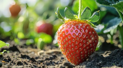 Gigantic strawberry growing in a garden
