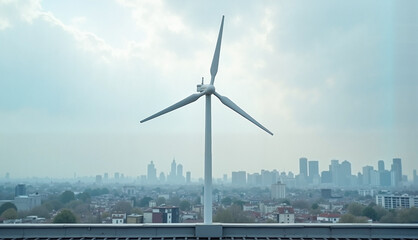 Vertical wind turbine on urban rooftop against overcast skyline, symbolizing urban renewal and sustainability.