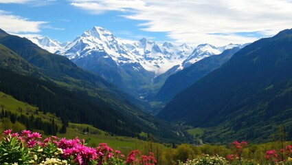 Fototapeta premium As winter retreats, the first signs of spring in nature – melting snow, blooming flowers, and warm sunlight illuminating green fields and mountain slopes