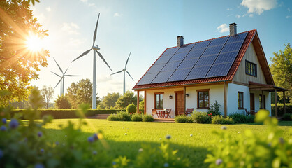 Obraz premium Energy-efficient solar-powered house with solar panels and wind turbines in a lush green garden during a sunny afternoon, eco-friendly living concept. Green energy visuals