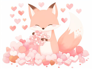 Playful and affectionate fox character in a dreamy setting. A cute and minimalistic drawing of a fox surrounded by floating hearts, holding a Valentine&rsquo;s card with a blushing smile.