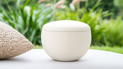 A biodegradable pet urn made from natural materials rests on a table in a tranquil garden, surrounded by lush greenery and soft natural light enhancing its eco-friendly design