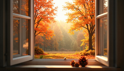 Open window view framing colorful autumn forest with falling leaves and warm golden light, concept of nature's beauty and tranquility.