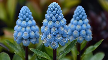 Three Blue Flower Spikes Cluster Together In Garden