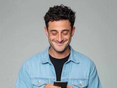 happy man smiling while texting on his smartphone