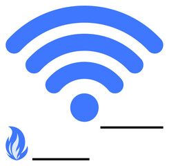 Large blue wireless symbol above a small blue flame icon with black horizontal lines. Ideal for connectivity, technology, communication, energy, internet, efficiency, and modern networks. Abstract