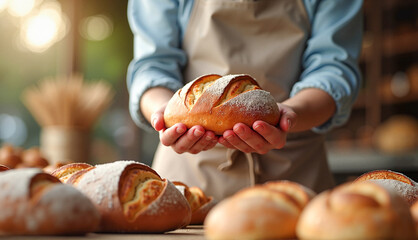Baker showcasing freshly baked bread at farmer's market in soft natural light, highlighting craftsmanship and community connection.