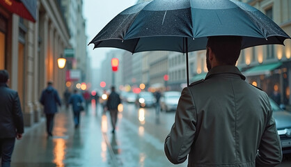Obraz premium Man holding a black umbrella in a grey trench coat walking on a wet urban street, reflective city lights ambiance, Rainy Days concept