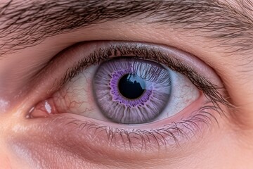 Macro photo of a mana??s soft lavender eye, with subtle color gradients and intricate iris patterns, captured in