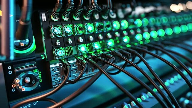 A high-tech data center with glowing green and blue servers in a sleek and organized arrangement, representing the next generation of digital and technological advancements.