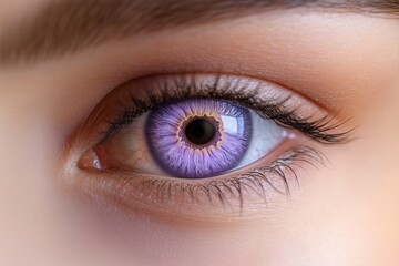 Obraz premium Macro photo of a womana??s soft lavender eye, showcasing subtle gradient textures and fine details in the iris, captured in