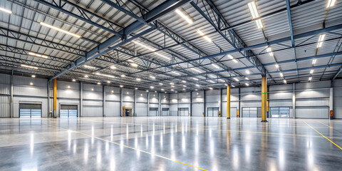 A spacious industrial warehouse features a polished concrete floor, high ceilings, and bright lighting. The empty area is organized with yellow columns and multiple loading bays