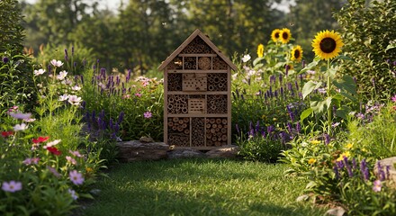 Charming Insect Hotel in Vibrant Flower Garden