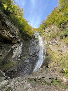 Makhuntseti waterfall, one of the highest waterfalls in Ajara. Point in a Acharistsqali river, where water flows over a vertical drop or a series of steep drops.