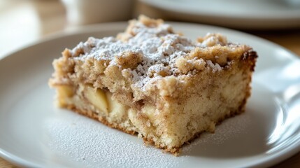 A slice of apple cinnamon bread with a light crumb topping and a sprinkle of powdered sugar, placed on a plain white plate, Slice centered with a slightly angled view