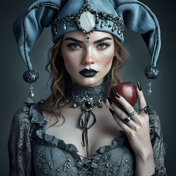Donna in elaborato costume di fantasia gotica con espressione intensa e una mela rossa in mano, Woman in elaborate gothic fantasy costume with intense expression and a red apple in her hand