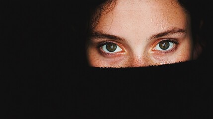 Naklejka premium Close-up of young woman’s green eyes peeking out from black sweater, dramatic lighting, mysterious expression, dark minimalistic composition, beauty and emotion concept