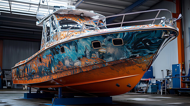 Painted boat in shipyard, marine art, indoor, workshop