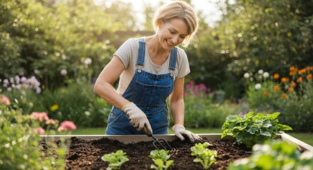 Happy Woman Gardening in Raised Bed with Flowers