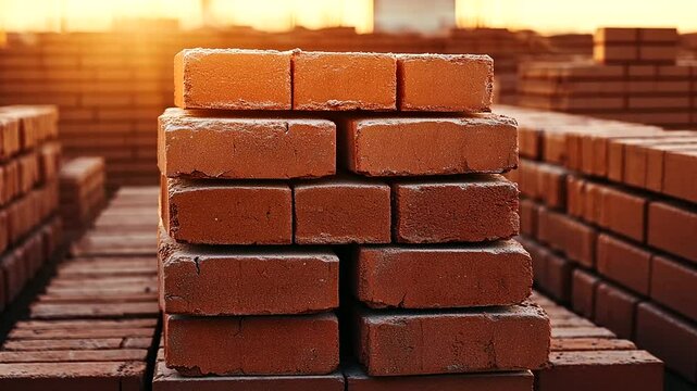 Stacks of red clay bricks arranged in symmetrical rows on a clean construction site, with sunlight casting warm highlights on their rugged texture, emphasizing their strength and d