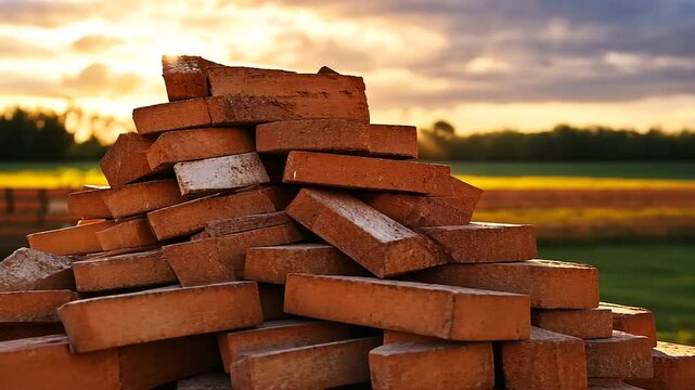 A neat pile of red clay bricks standing out on a tidy construction site, with rays of sunlight accentuating their earthy tones and solid structure.