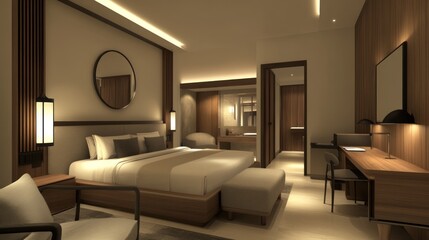 Modern hotel bedroom suite with king bed, desk, and sitting area.