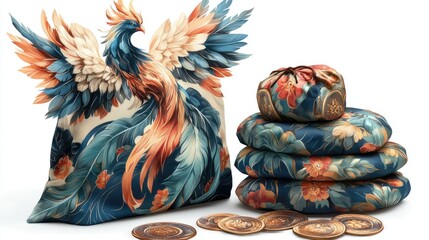 Phoenix Bird Design on Fabric Bags and Cushions