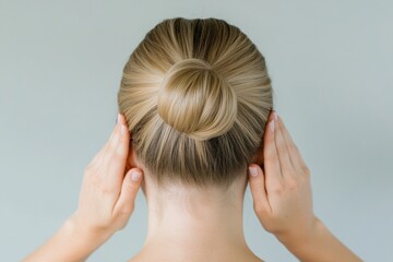 Fototapeta premium woman with blonde hair in a neat bun hairstyle, holding her head