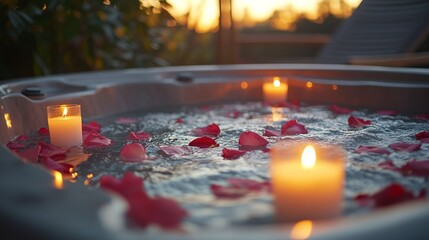 Relaxing evening with candles and rose petals in a hot tub during sunset