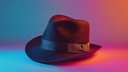 Stylish fedora hat illuminated by cinematic neon lighting in moody ambiance