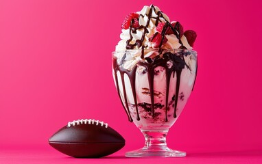 A football and a massive ice cream sundae with chocolate drizzle and whipped cream on a bold pink background, fun Super Bowl dessert