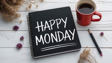 flat lay of a black notebook with the words "Happy Monday" written on it in white chalk. The notebook is placed on a white wooden surface with a red mug of coffee next to it.