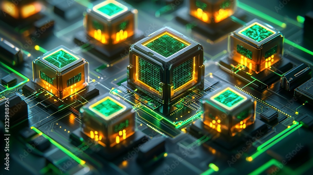 Poster illuminated cubes connected on a futuristic circuit board
