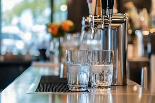 Glasses of water sit on a sleek bar counter in a modern establishment during a sunny afternoon