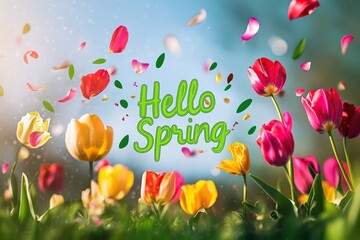 Inscription of Hello Spring with beautiful tulip flowers on blurred nature background