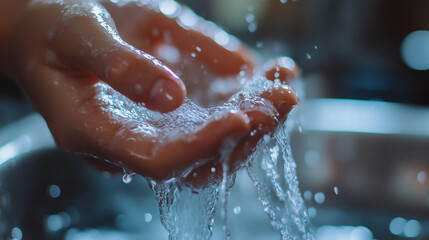 Fototapeta premium A close-up of hands being washed under running water, with clear droplets sparkling as they fall into the sink