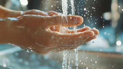 Fototapeta premium A close-up of hands being washed under running water, with clear droplets sparkling as they fall into the sink